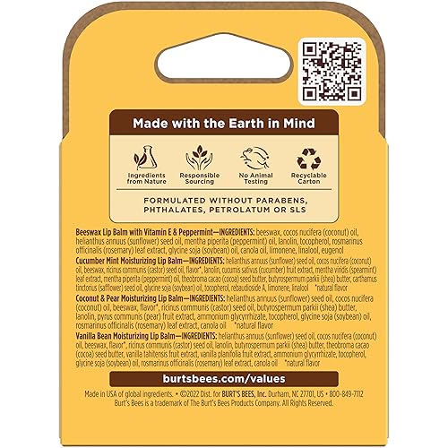 BURTS BEES LIP BALM 4-PACK BEESWAX, CUCUMBER MINT, COCONUT PEAR VANILLA BEAN, 0.15 OZ