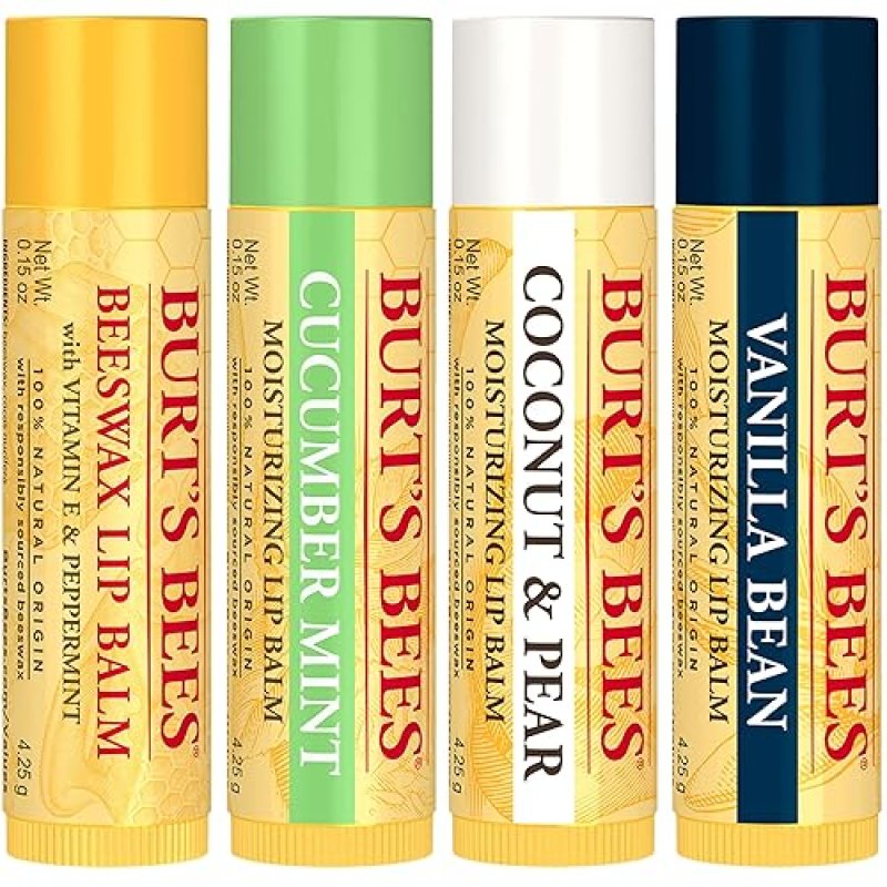 BURTS BEES LIP BALM 4-PACK BEESWAX, CUCUMBER MINT, COCONUT PEAR VANILLA BEAN, 0.15 OZ
