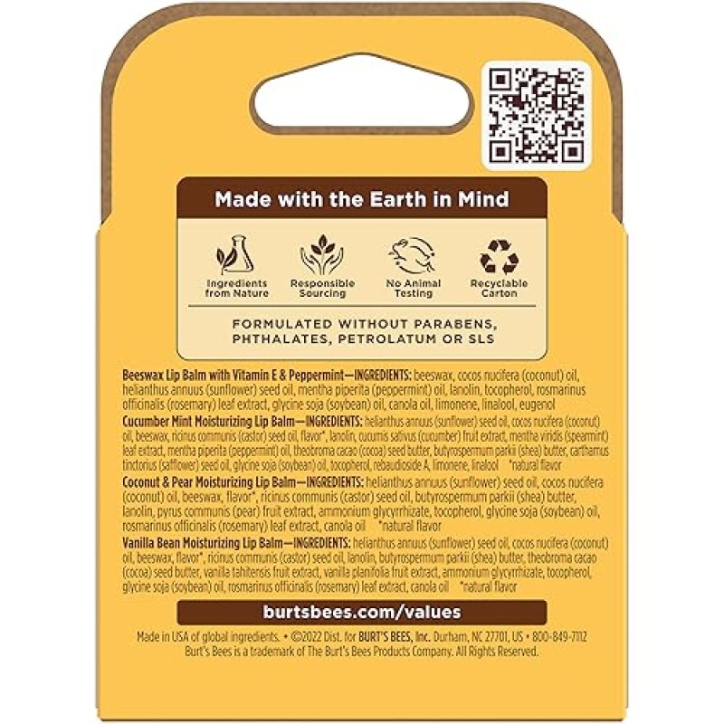 BURTS BEES LIP BALM 4-PACK BEESWAX, CUCUMBER MINT, COCONUT PEAR VANILLA BEAN, 0.15 OZ