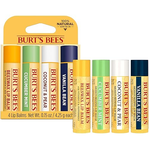 BURTS BEES LIP BALM 4-PACK BEESWAX, CUCUMBER MINT, COCONUT PEAR VANILLA BEAN, 0.15 OZ