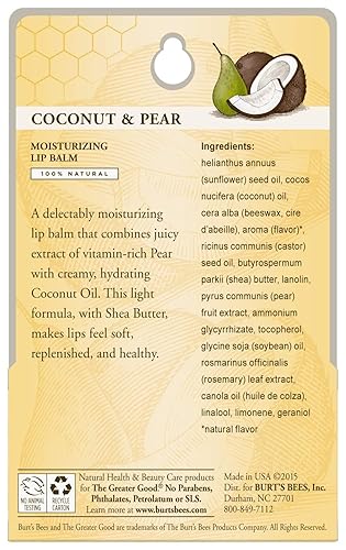 BURTS BEES COCONUT PEAR LIP BALM, NATURAL MOISTURIZER WITH BEESWAX, 2-PACK 0.15 OZ