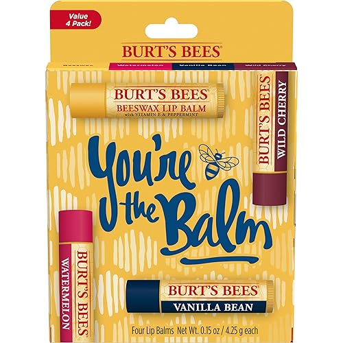 BURTS BEES LIP BALM PACK 4 NATURAL, TINT-FREE FLAVORS WITH RESPONSIBLY SOURCED BEESWAX