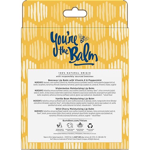 BURTS BEES LIP BALM PACK 4 NATURAL, TINT-FREE FLAVORS WITH RESPONSIBLY SOURCED BEESWAX