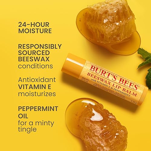 BURTS BEES NATURAL LIP BALM WITH VITAMIN E PEPPERMINT OIL, BEESWAX MOISTURIZER 0.15 OZ