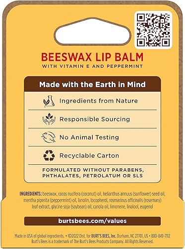 BURTS BEES NATURAL LIP BALM WITH VITAMIN E PEPPERMINT OIL, BEESWAX MOISTURIZER 0.15 OZ
