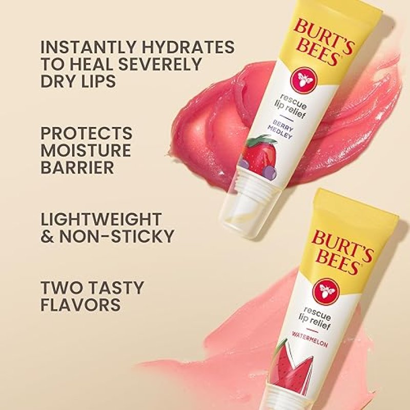 BURTS BEES RESCUE LIP RELIEF BALM 2-PACK, WATERMELON BERRY, HYDRATING, NATURAL 0.35OZ