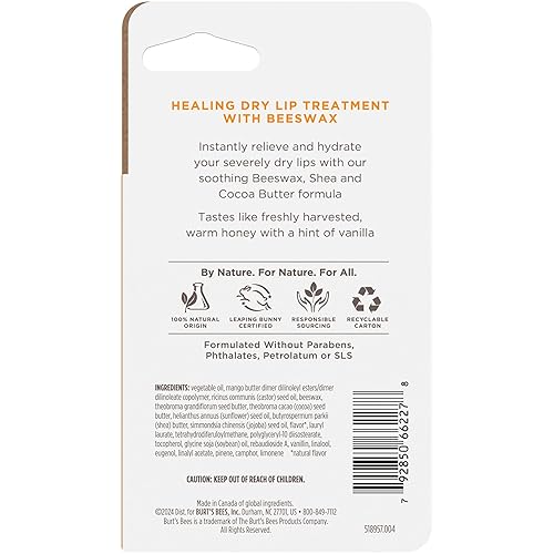 BURTS BEES HONEY VANILLA RESCUE LIP BALM, HYDRATING NATURAL LIP RELIEF, 0.35OZ TUBE