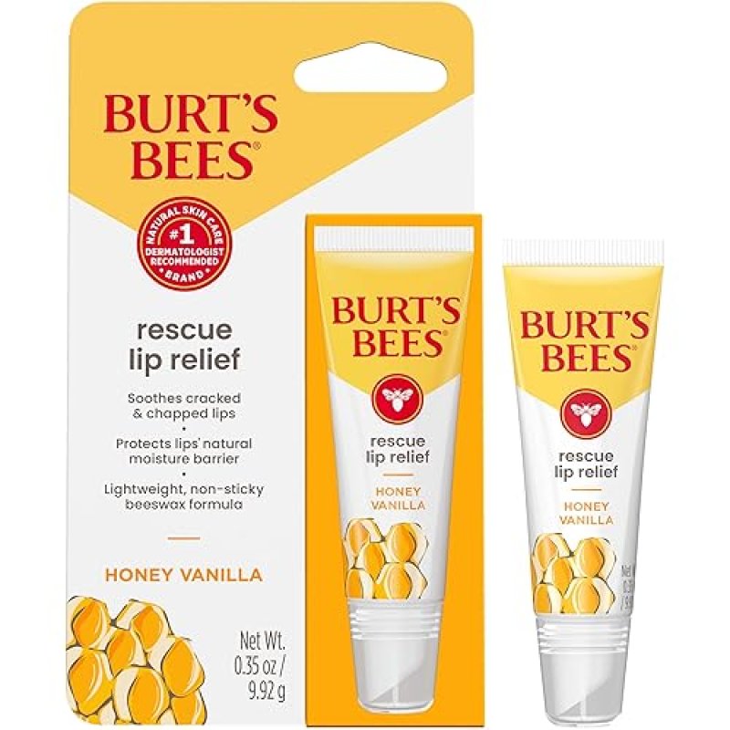 BURTS BEES HONEY VANILLA RESCUE LIP BALM, HYDRATING NATURAL LIP RELIEF, 0.35OZ TUBE