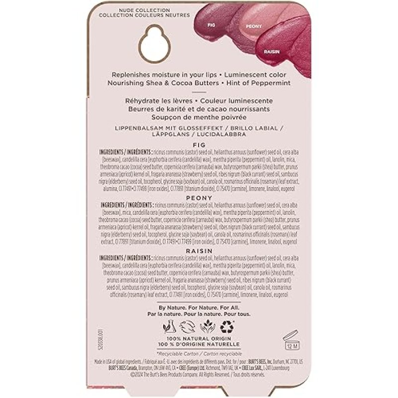 BURTS BEES NUDE LIP SHIMMER TRIO MOISTURIZING TINTED BALM, NATURAL GLOW, 3 X 0.09 OZ