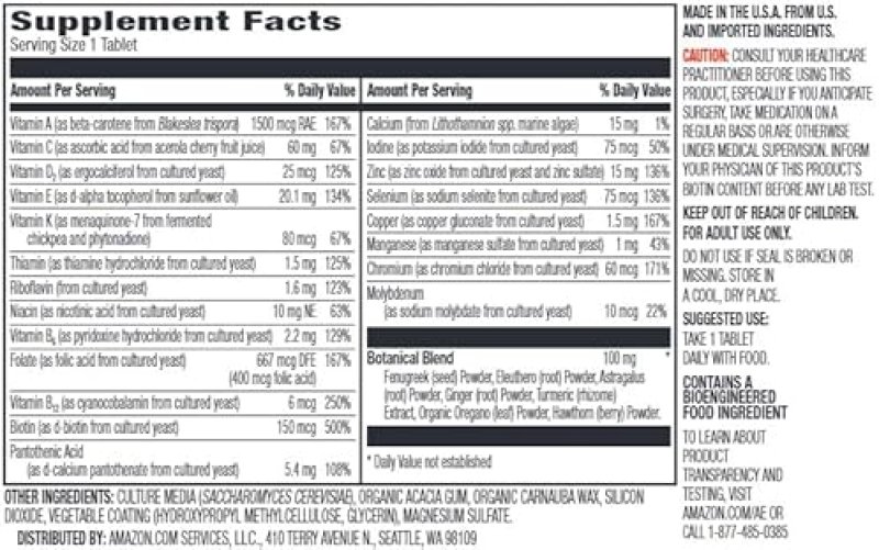 AMAZON ELEMENTS MEN S ONE DAILY MULTIVITAMIN, 62 WHOLE FOOD CULTURED, VEGAN, 65 TABLETS, 2 MONTH SUP