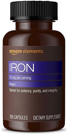 AMAZON ELEMENTS IRON 18MG CAPSULES, SUPPORTS RED BLOOD CELL PRODUCTION, VEGAN, 195 COUNT, 6 MONTH SU