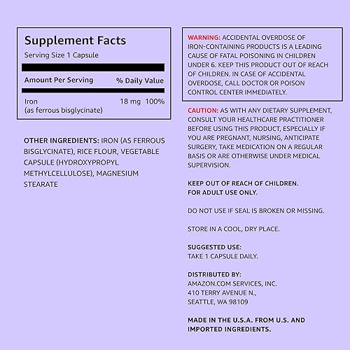 AMAZON ELEMENTS IRON 18MG CAPSULES, SUPPORTS RED BLOOD CELL PRODUCTION, VEGAN, 195 COUNT, 6 MONTH SU
