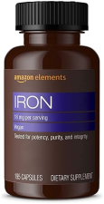 AMAZON ELEMENTS IRON 18MG CAPSULES, SUPPORTS RED BLOOD CELL PRODUCTION, VEGAN, 195 COUNT, 6 MONTH SU