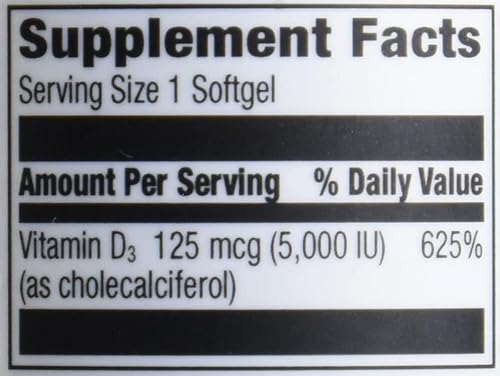 AMAZON ELEMENTS VITAMIN D3, 5000 IU, 180 SOFTGELS, 6 MONTH SUPPLY
