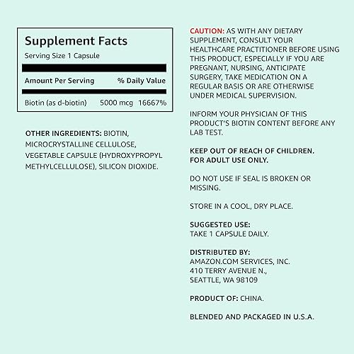 AMAZON ELEMENTS VEGAN BIOTIN 5000 MCG - HAIR, SKIN, NAILS, 130 CAPSULES 4 MONTH SUPPLY PACKAGING MAY