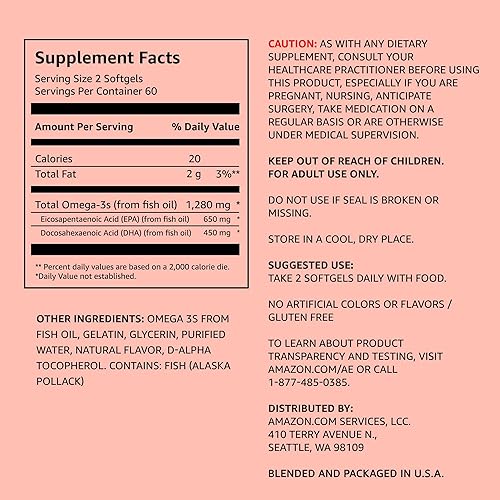 AMAZON ELEMENTS SUPER OMEGA-3, EPA DHA OMEGA-3 FATTY ACIDS 1280 MG PER SERVING, 2 SOFTGELS , NATURAL
