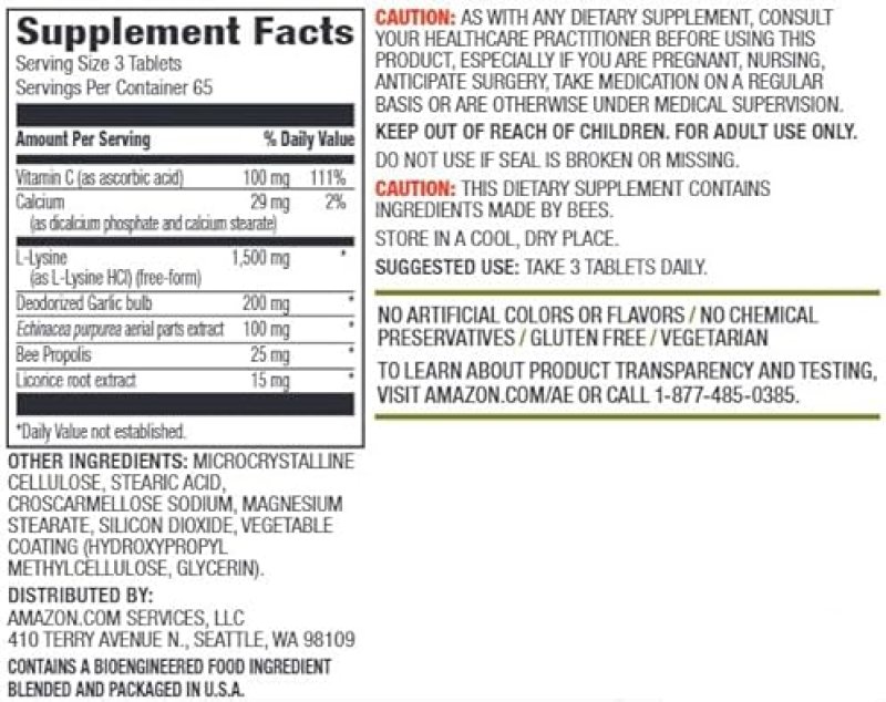 AMAZON ELEMENTS LYSINE COMPLEX WITH VITAMIN C FOR IMMUNE HEALTH SUPPORT, VEGETARIAN, 65 SERVINGS, 19