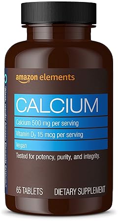 AMAZON ELEMENTS CALCIUM PLUS VITAMIN D, CALCIUM 500MG WITH D2 600IU, VEGAN, 65 TABLETS 2 MONTH SUPPL