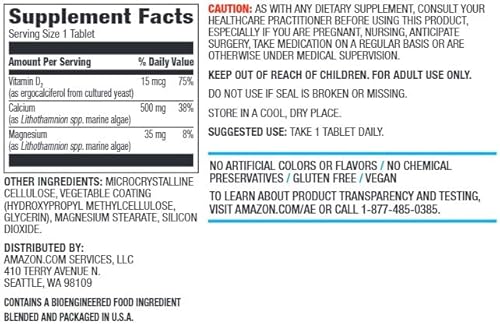 AMAZON ELEMENTS CALCIUM PLUS VITAMIN D, CALCIUM 500MG WITH D2 600IU, VEGAN, 65 TABLETS 2 MONTH SUPPL