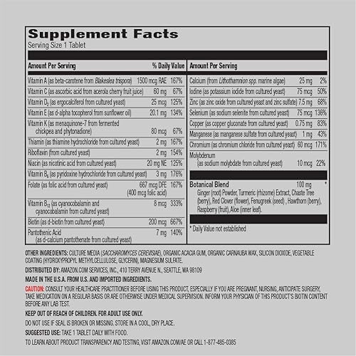 AMAZON ELEMENTS WOMEN 40 ONE DAILY MULTIVITAMIN, 66 WHOLE FOOD CULTURED, VEGAN, 65 TABLETS, 2 MONTH