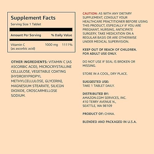 AMAZON ELEMENTS VITAMIN C 1000MG, SUPPORTS HEALTHY IMMUNE SYSTEM, VEGAN, 300 TABLETS, 10 MONTH SUPPL