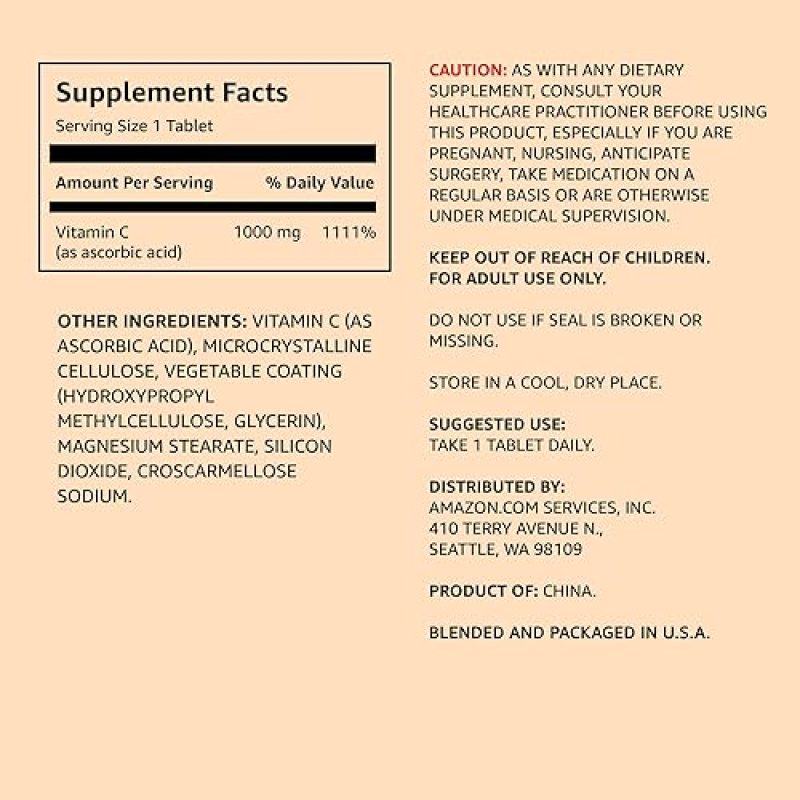 AMAZON ELEMENTS VITAMIN C 1000MG, SUPPORTS HEALTHY IMMUNE SYSTEM, VEGAN, 300 TABLETS, 10 MONTH SUPPL