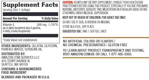 AMAZON ELEMENTS VITAMIN E, 400 IU, 100 SOFTGELS, 100 DAYS OF SUPPLY PACKAGING MAY VARY