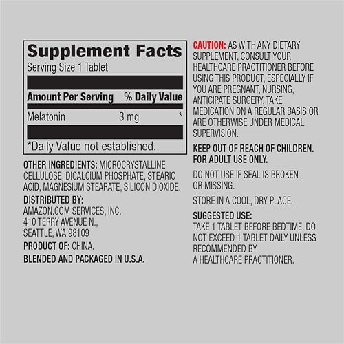 AMAZON ELEMENTS MELATONIN 3MG, HELPS WITH OCCASIONAL SLEEPLESSNESS, VEGAN, UNFLAVORED, 260 TABLETS,