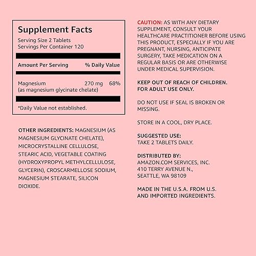 AMAZON ELEMENTS - CHELATED MAGNESIUM, 240 TABLETS, 270 MG PER SERVING, AS MAGNESIUM GLYCINATE CHELAT