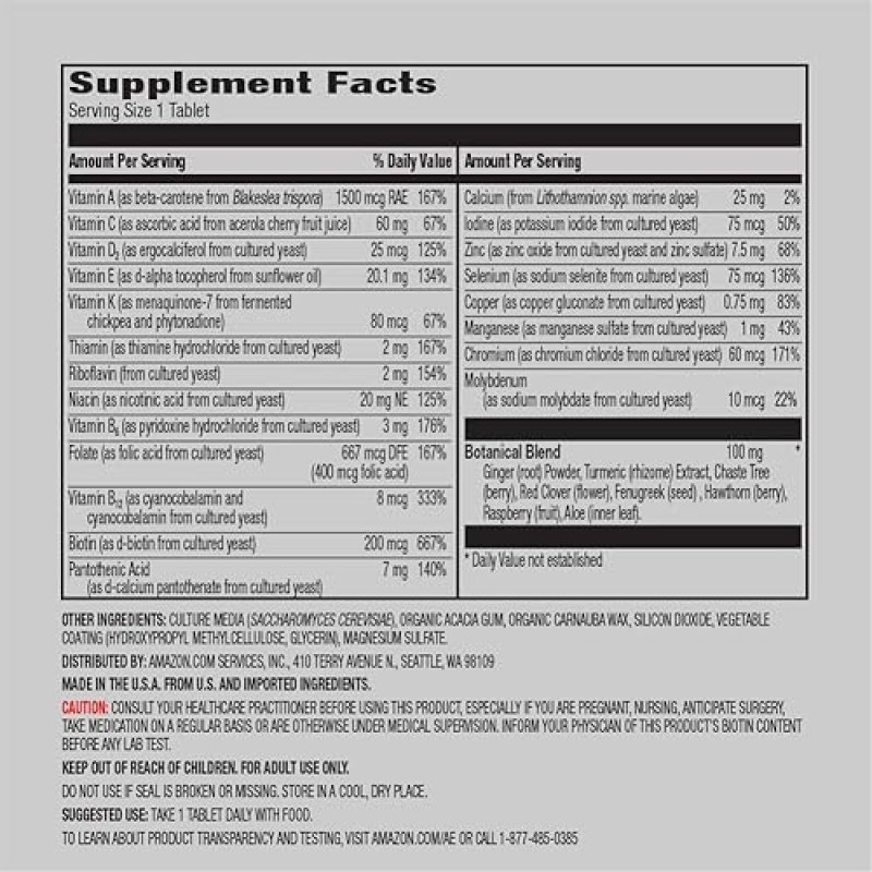 AMAZON ELEMENTS MENS AND WOMENS ONE DAILY MULTIVITAMINS, VEGAN, 65 TABLETS, 2 MONTH SUPPLY