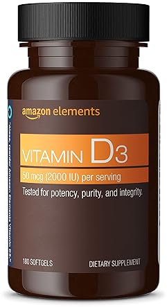 AMAZON ELEMENTS VITAMIN D3, 2000 IU, 180 SOFTGELS, 6 MONTH SUPPLY PACKAGING MAY VARY , SUPPORTS STRO