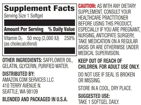 AMAZON ELEMENTS VITAMIN D3, 2000 IU, 180 SOFTGELS, 6 MONTH SUPPLY PACKAGING MAY VARY , SUPPORTS STRO