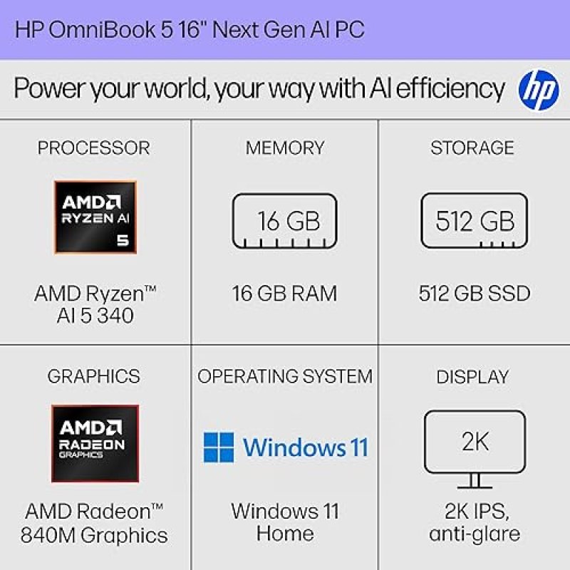 HP OMNIBOOK 5 16 INCH NEXT GEN AI PC, 2K DISPLAY, AMD RYZEN AI 5 340, 16 GB RAM, 512 GB SSD, AMD RAD