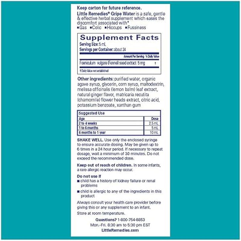 LITTLE REMEDIES GRIPE WATER FOR NEWBORNS ALCOHOL GLUTEN FREE, NO ARTIFICIAL COLORS, 4 OZ