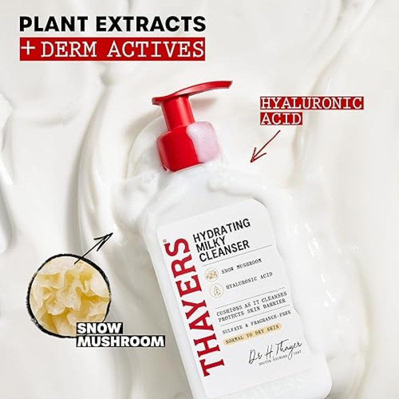 THAYERS MILKY HYDRATING FACE CLEANSER WITH SNOW MUSHROOM HYALURONIC ACID GENTLE, PARABEN-FREE, 8 OZ