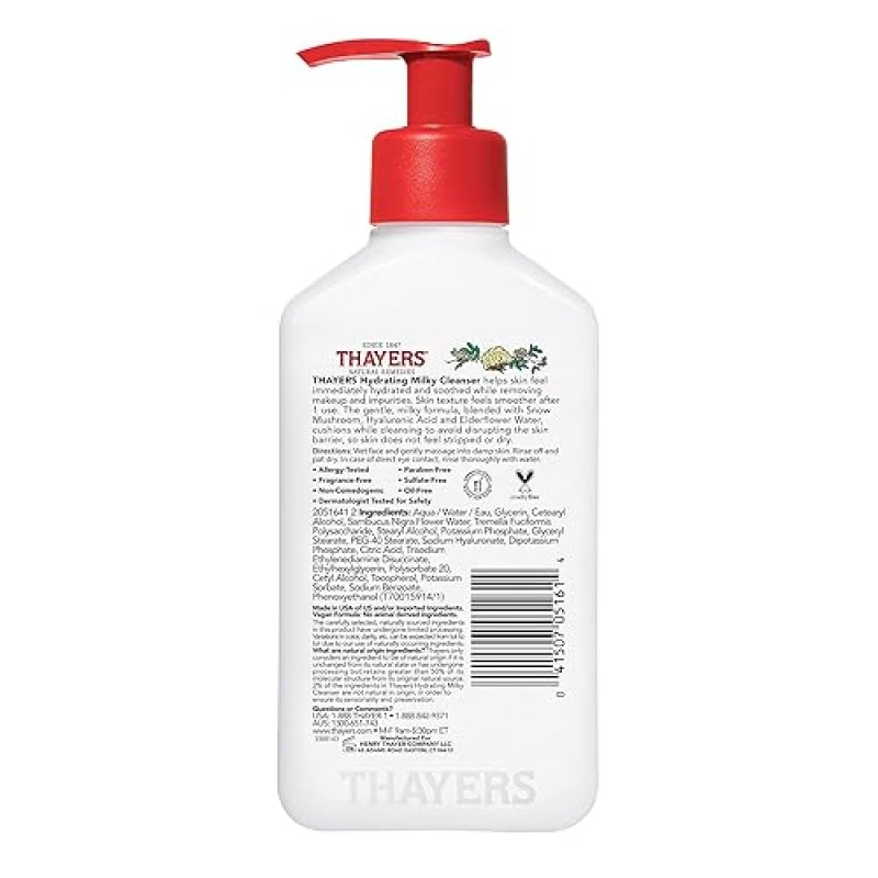 THAYERS MILKY HYDRATING FACE CLEANSER WITH SNOW MUSHROOM HYALURONIC ACID GENTLE, PARABEN-FREE, 8 OZ