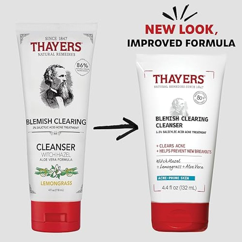 THAYERS ACNE FACE CLEANSER WITH 1.5 SALICYLIC ACID BLEMISH CLEARING, SOOTHING, 4.4 OZ