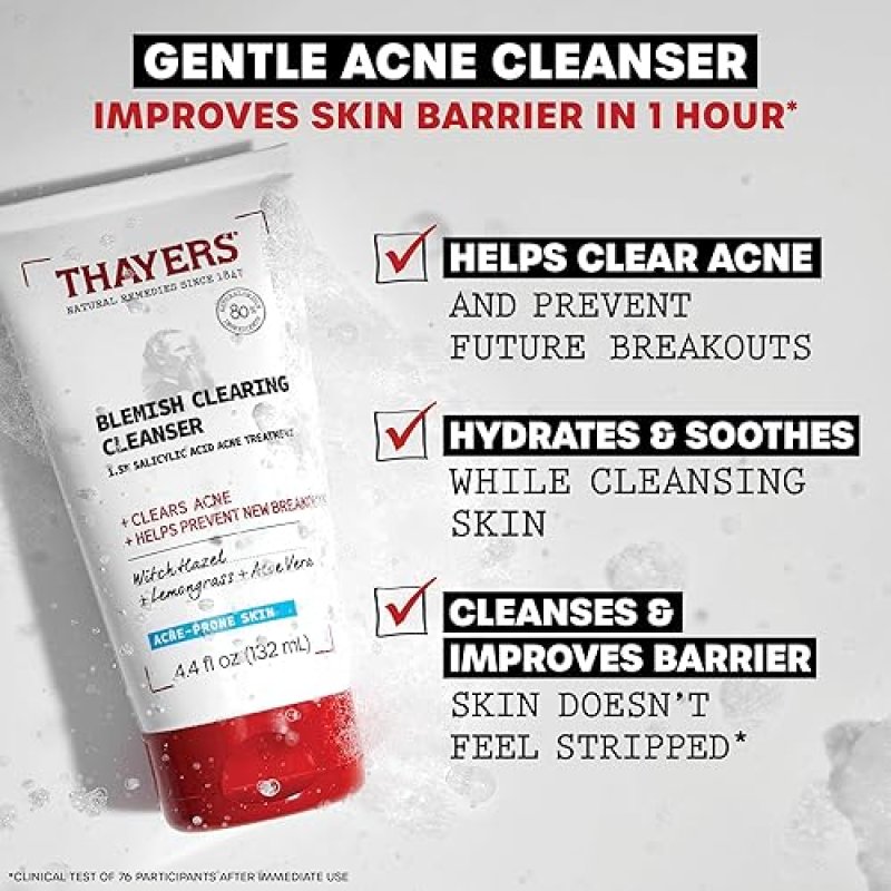 THAYERS ACNE FACE CLEANSER WITH 1.5 SALICYLIC ACID BLEMISH CLEARING, SOOTHING, 4.4 OZ
