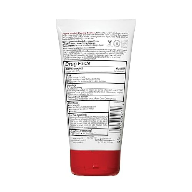 THAYERS ACNE FACE CLEANSER WITH 1.5 SALICYLIC ACID BLEMISH CLEARING, SOOTHING, 4.4 OZ