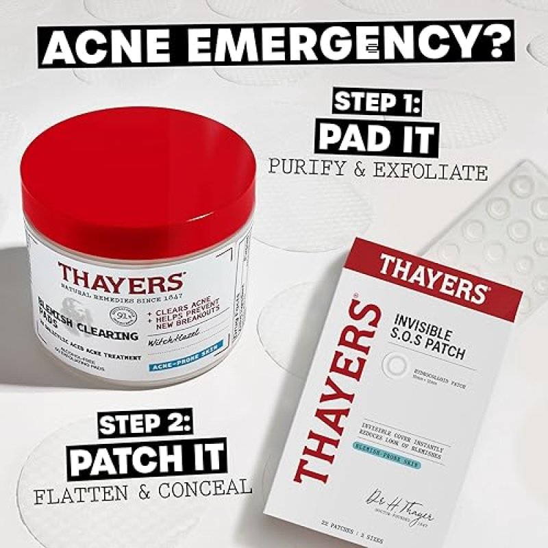THAYERS ACNE PADS WITH SALICYLIC ACID INVISIBLE S.O.S HYDROCOLLOID PIMPLE PATCHES, 82 CT