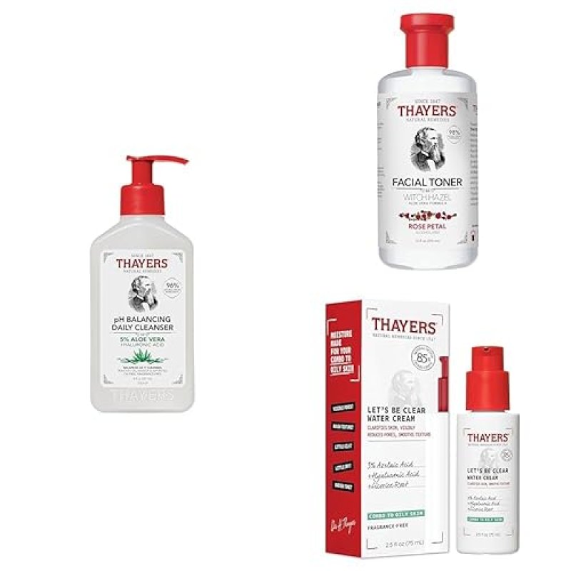 THAYERS SKINCARE SET PH CLEANSER 8OZ, ROSE PETAL TONER 12OZ, CLEAR FACE CREAM 2.5OZ