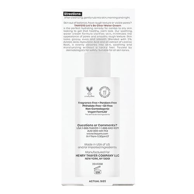 THAYERS LETS BE CLEAR FACE CREAM WITH AZELAIC HYALURONIC ACID, MOISTURIZER FOR OILY SKIN, 2.5 OZ