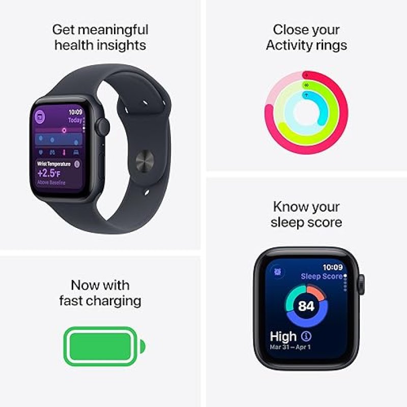 APPLE WATCH SE 3 GPS 44MM MIDNIGHT ALUMINUM CASE SPORT BAND, FITNESS TRACKER, HEART RATE
