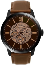 FOSSIL TOWNSMAN MENS AUTOMATIC SKELETON WATCH, STAINLESS STEEL LEATHER STRAP, TWO-HAND DESIGN
