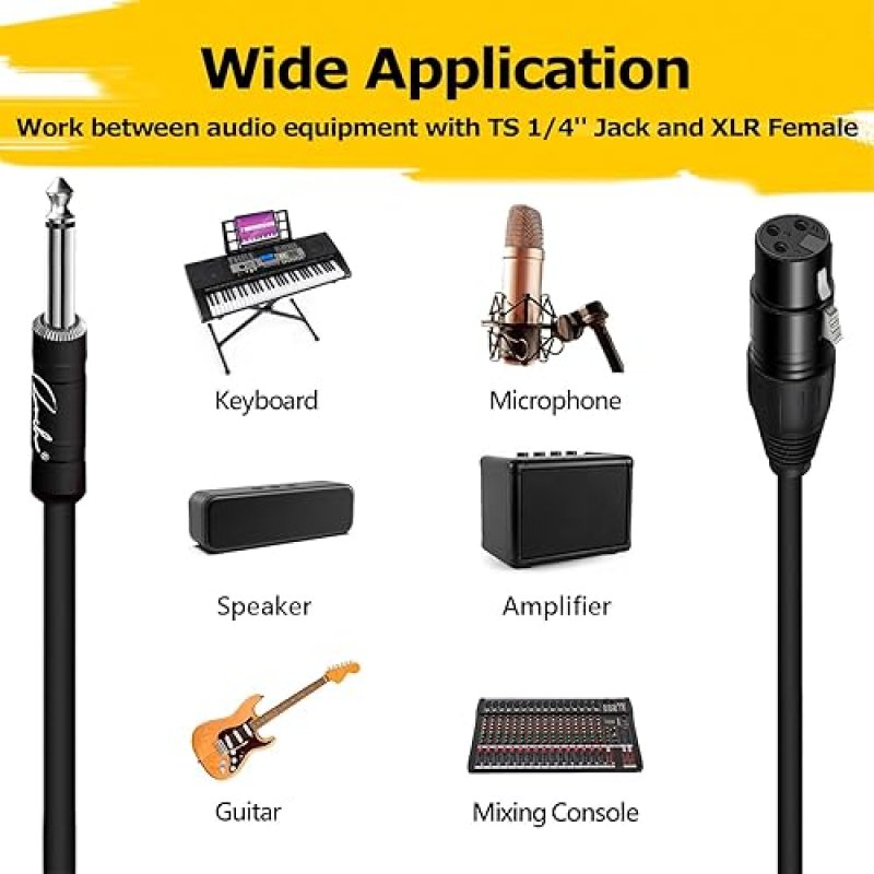 RANCH 25FT XLR FEMALE TO 1 4 TS MONO MICROPHONE CABLE UNBALANCED AUDIO CORD BLACK