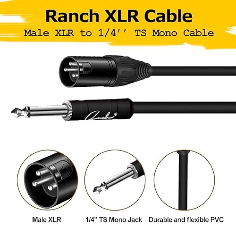 RANCH 2-PACK 20FT MALE XLR TO 1 4 TS MONO JACK MICROPHONE CABLE, UNBALANCED, BLACK