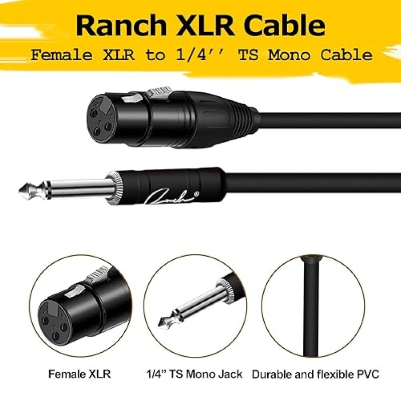 RANCH 2-PACK 10FT XLR FEMALE TO 1 4 TS MONO MICROPHONE CABLE, UNBALANCED MIC LEAD BLACK