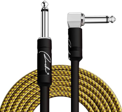 RANCH 10FT GOLD COILED GUITAR CABLE, 1 4 STRAIGHT TO RIGHT ANGLE FOR ELECTRIC BASS, AMP CORD