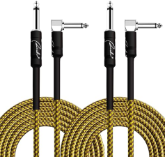 RANCH 2-PACK 20FT COILED GUITAR CABLES, 1 4 STRAIGHT TO RIGHT ANGLE FOR ELECTRIC BASS AMP, GOLD