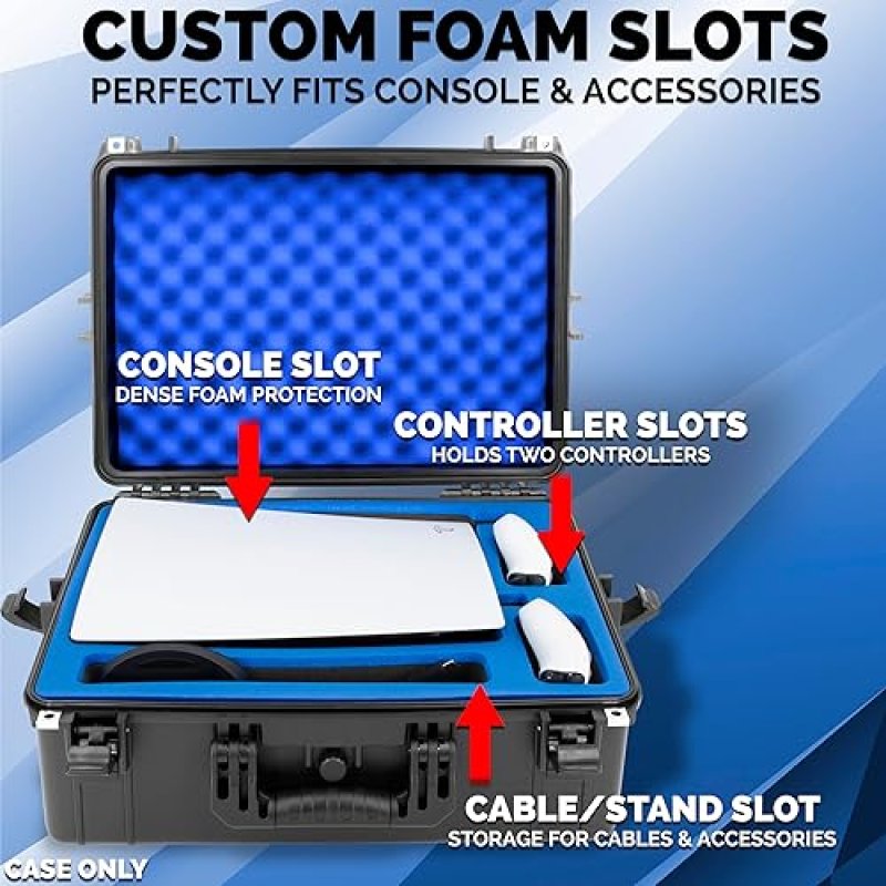CASEMATIX WATERPROOF HARD SHELL TRAVEL CASE FOR PS5 CONSOLE, CONTROLLERS ACCESSORIES, CUSTOM FOAM